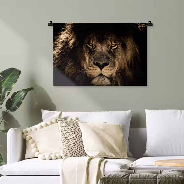 Leeuw - Dieren - Zwart - Portret Wandkleed katoen klein -sfeer7