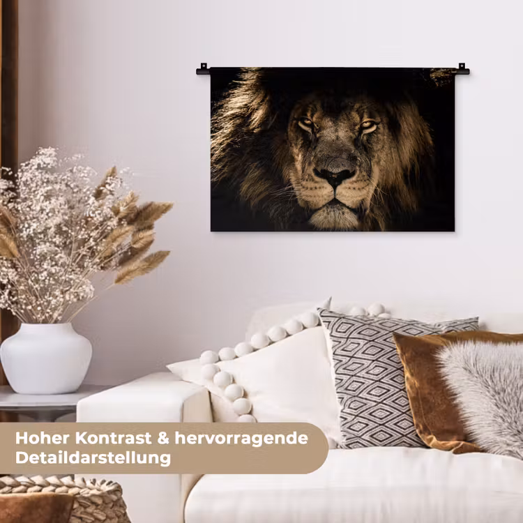 Leeuw - Dieren - Zwart - Portret Wandkleed katoen klein -tsfeer1_DE