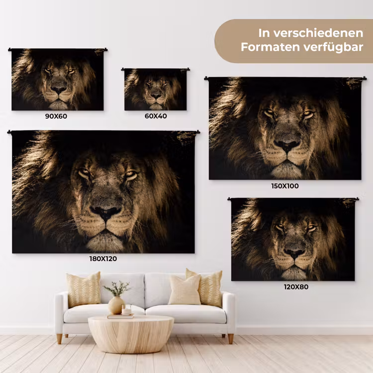 Leeuw - Dieren - Zwart - Portret Wandkleed katoen klein -tsfeer8_DE