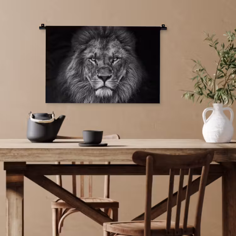 Leeuw - Dieren - Zwart - Wit Wandkleed katoen klein -sfeer6