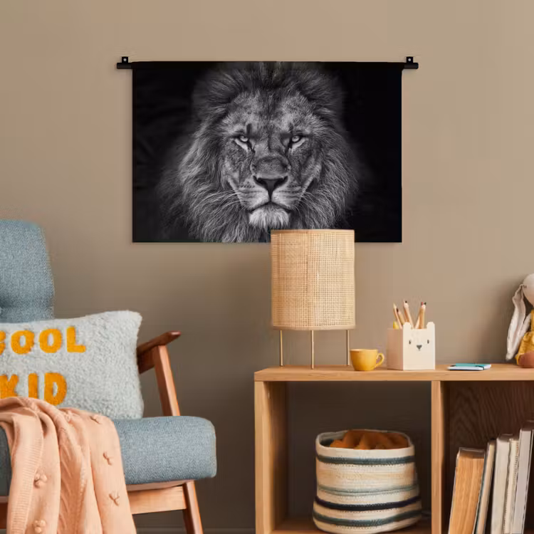 Leeuw - Dieren - Zwart - Wit Wandkleed katoen klein -wsfeer4_kind