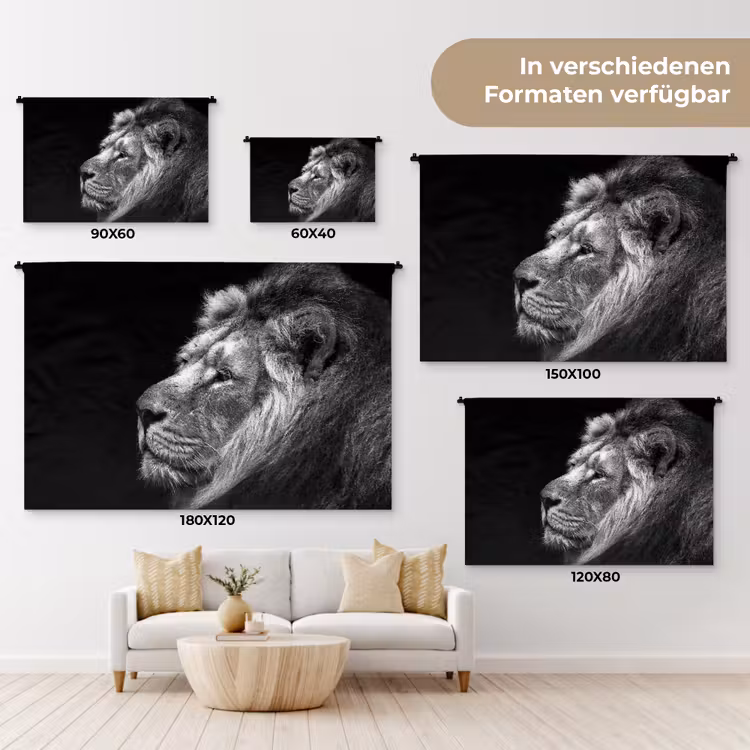 Leeuw tegen zwarte achtergrond in zwart-wit Wandkleed katoen klein -tsfeer8_DE