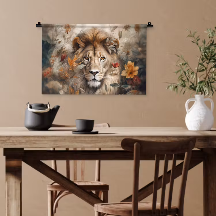 Leeuw - Wilde dieren - Planten - Natuur - Bloemen Wandkleed katoen klein -sfeer6