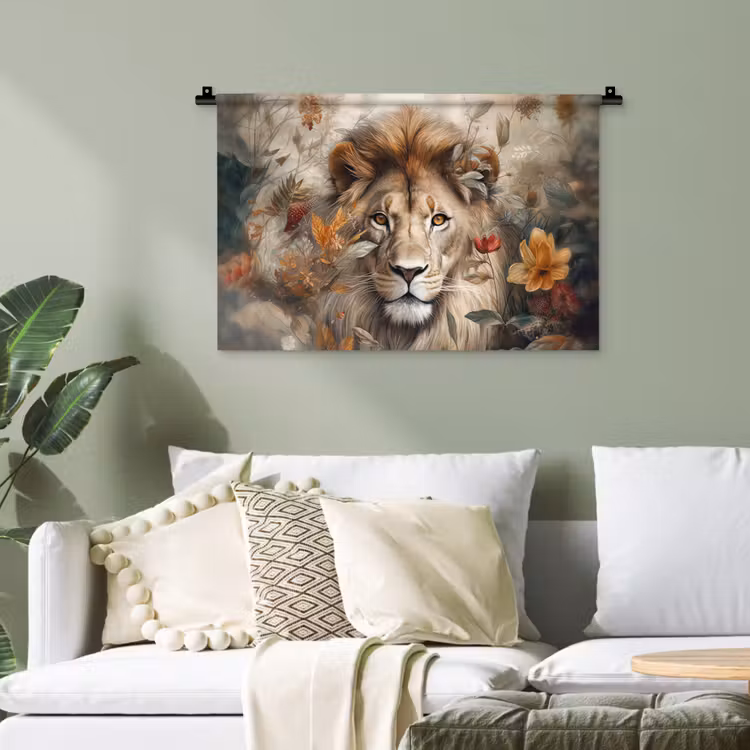 Leeuw - Wilde dieren - Planten - Natuur - Bloemen Wandkleed katoen klein -sfeer7