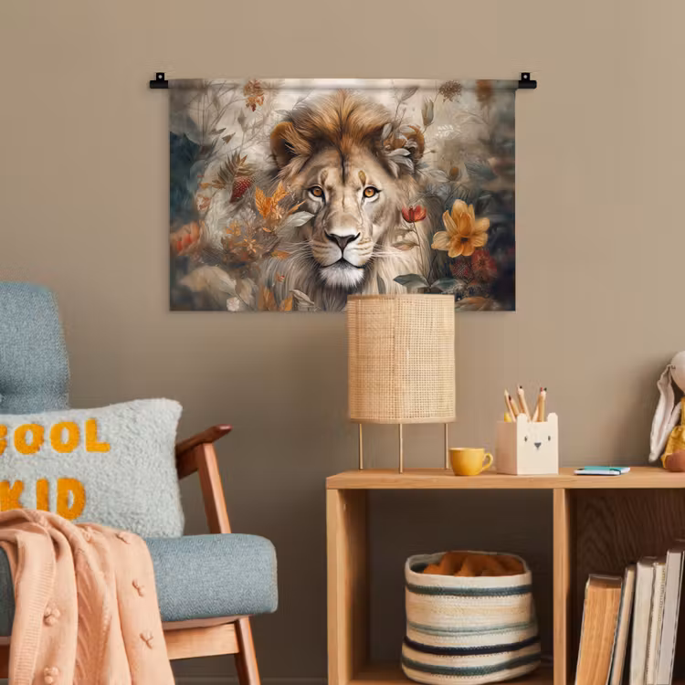 Leeuw - Wilde dieren - Planten - Natuur - Bloemen Wandkleed katoen klein -wsfeer4_kind