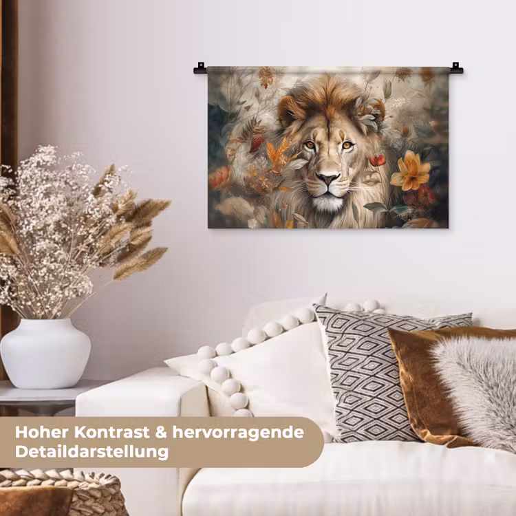 Leeuw - Wilde dieren - Planten - Natuur - Bloemen Wandkleed katoen klein -tsfeer1_DE