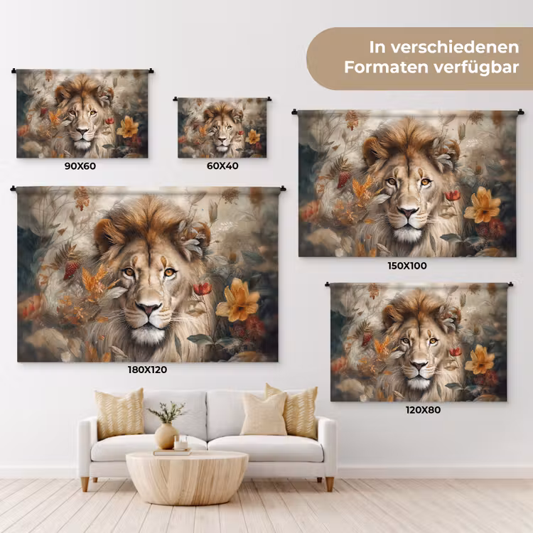 Leeuw - Wilde dieren - Planten - Natuur - Bloemen Wandkleed katoen klein -tsfeer8_DE
