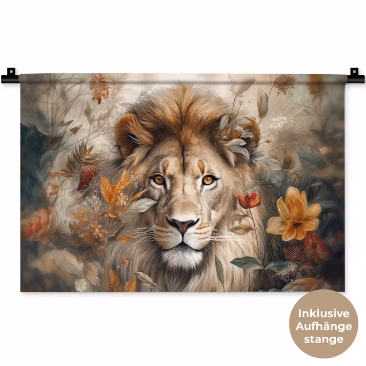 Leeuw - Wilde dieren - Planten - Natuur - Bloemen Wandkleed katoen klein -t3d_DE