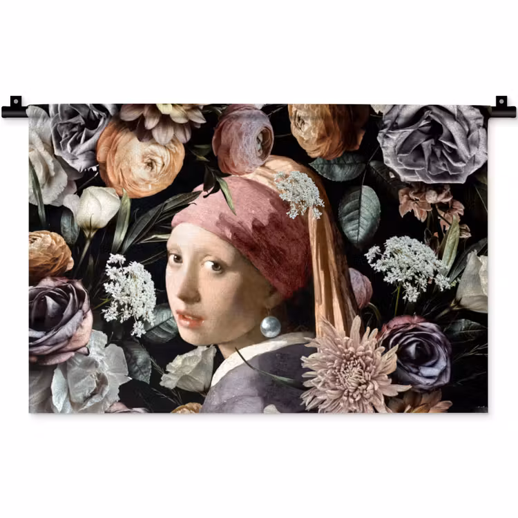 Meisje met de parel - Bloemen - Vermeer - Pastel - Kunstwerk - Schilderij - Oude meesters Wandkleed katoen klein -zz3d