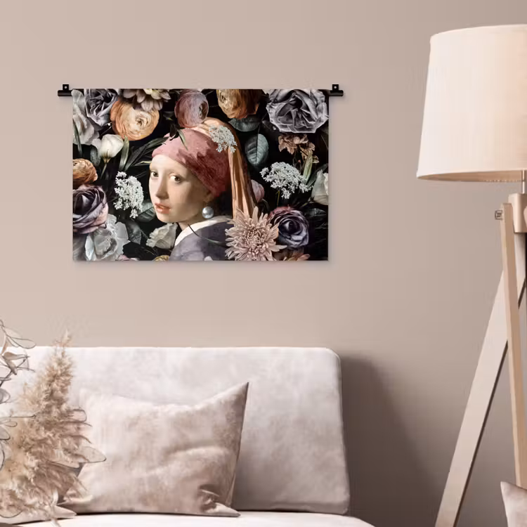 Meisje met de parel - Bloemen - Vermeer - Pastel - Kunstwerk - Schilderij - Oude meesters Wandkleed katoen klein -sfeer4