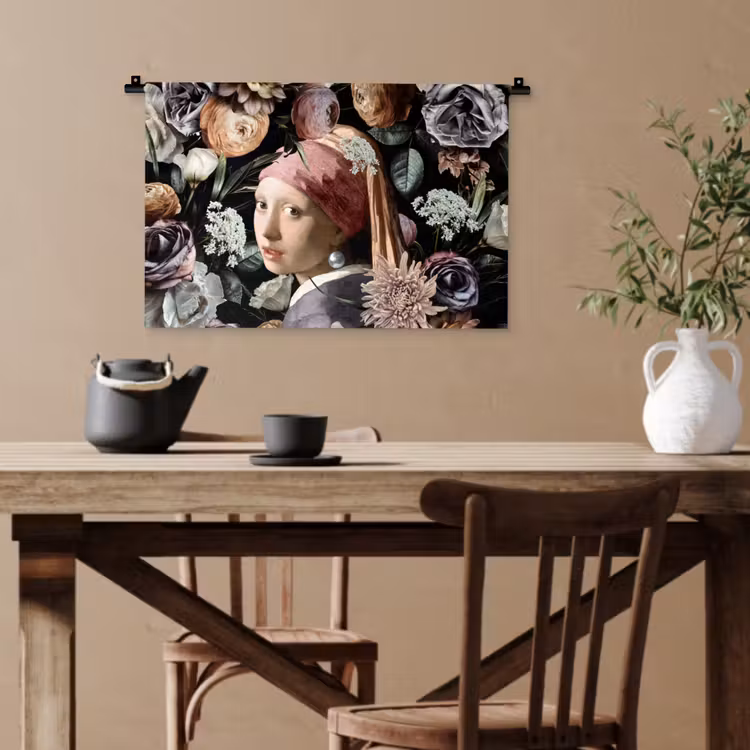Meisje met de parel - Bloemen - Vermeer - Pastel - Kunstwerk - Schilderij - Oude meesters Wandkleed katoen klein -sfeer6
