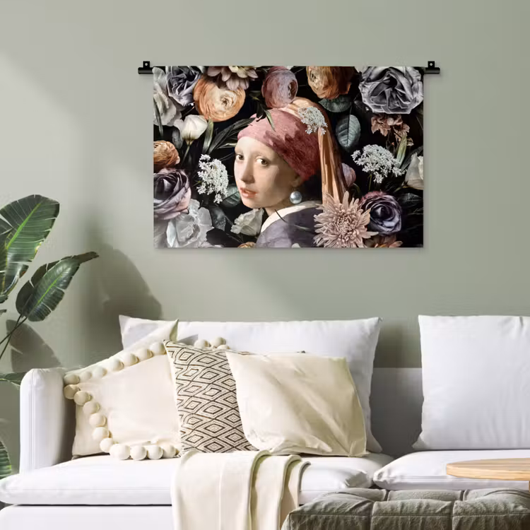 Meisje met de parel - Bloemen - Vermeer - Pastel - Kunstwerk - Schilderij - Oude meesters Wandkleed katoen klein -sfeer7