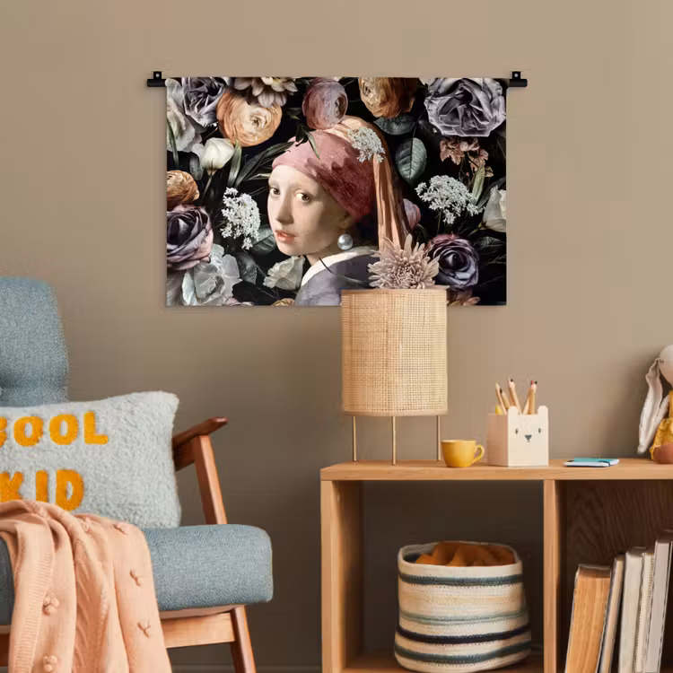 Meisje met de parel - Bloemen - Vermeer - Pastel - Kunstwerk - Schilderij - Oude meesters Wandkleed katoen klein -wsfeer4_kind