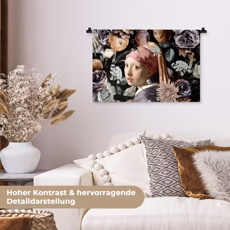Meisje met de parel - Bloemen - Vermeer - Pastel - Kunstwerk - Schilderij - Oude meesters Wandkleed katoen klein -tsfeer1_DE