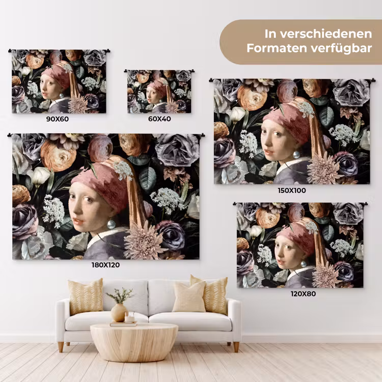 Meisje met de parel - Bloemen - Vermeer - Pastel - Kunstwerk - Schilderij - Oude meesters Wandkleed katoen klein -tsfeer8_DE