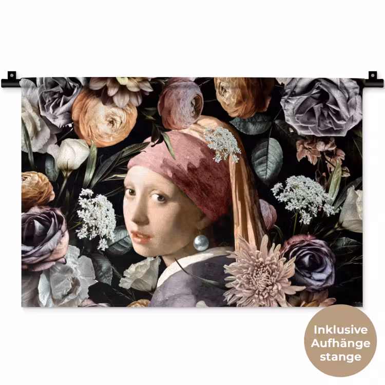 Meisje met de parel - Bloemen - Vermeer - Pastel - Kunstwerk - Schilderij - Oude meesters Wandkleed katoen klein -t3d_DE