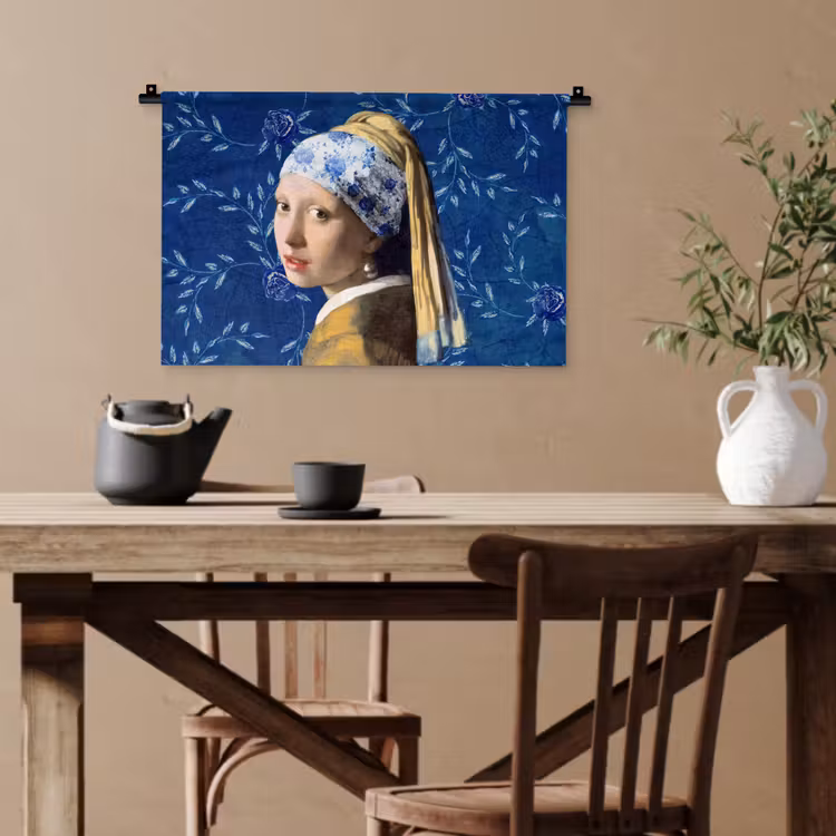 Meisje met de parel - Delfts blauw - Vermeer - Bloemen - Schilderij - Oude meesters Wandkleed katoen klein -sfeer6
