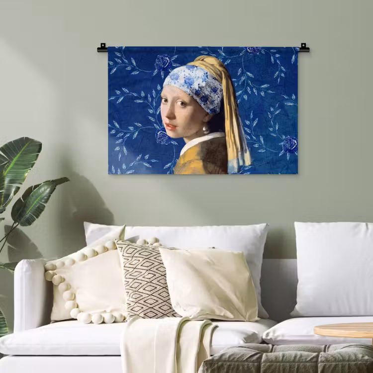 Meisje met de parel - Delfts blauw - Vermeer - Bloemen - Schilderij - Oude meesters Wandkleed katoen klein -sfeer7