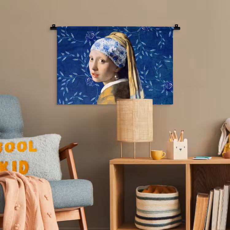 Meisje met de parel - Delfts blauw - Vermeer - Bloemen - Schilderij - Oude meesters Wandkleed katoen klein -wsfeer4_kind