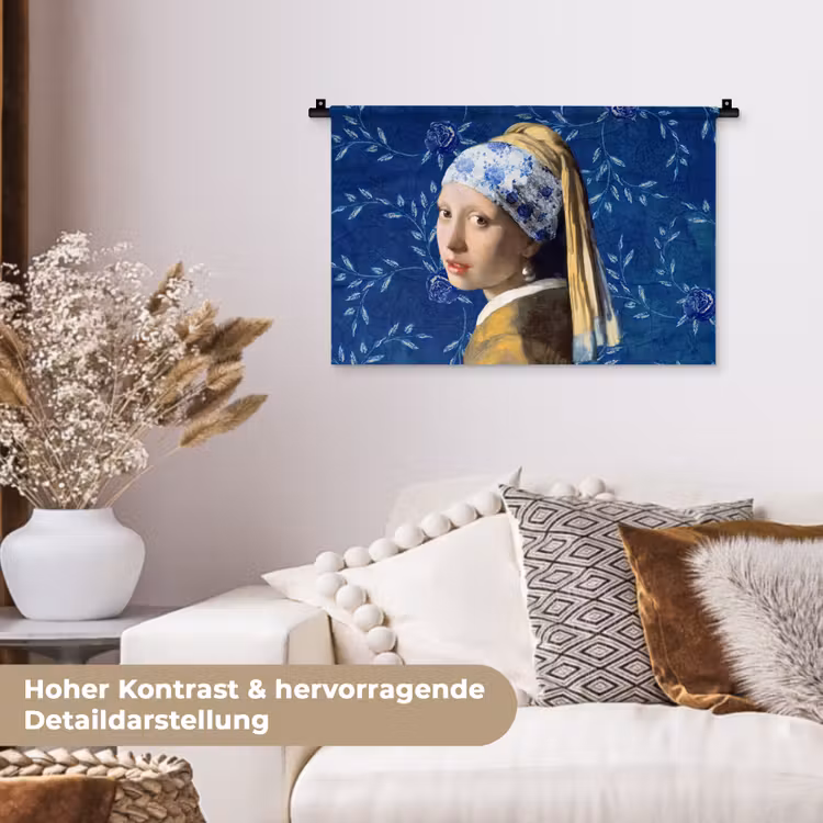 Meisje met de parel - Delfts blauw - Vermeer - Bloemen - Schilderij - Oude meesters Wandkleed katoen klein -tsfeer1_DE