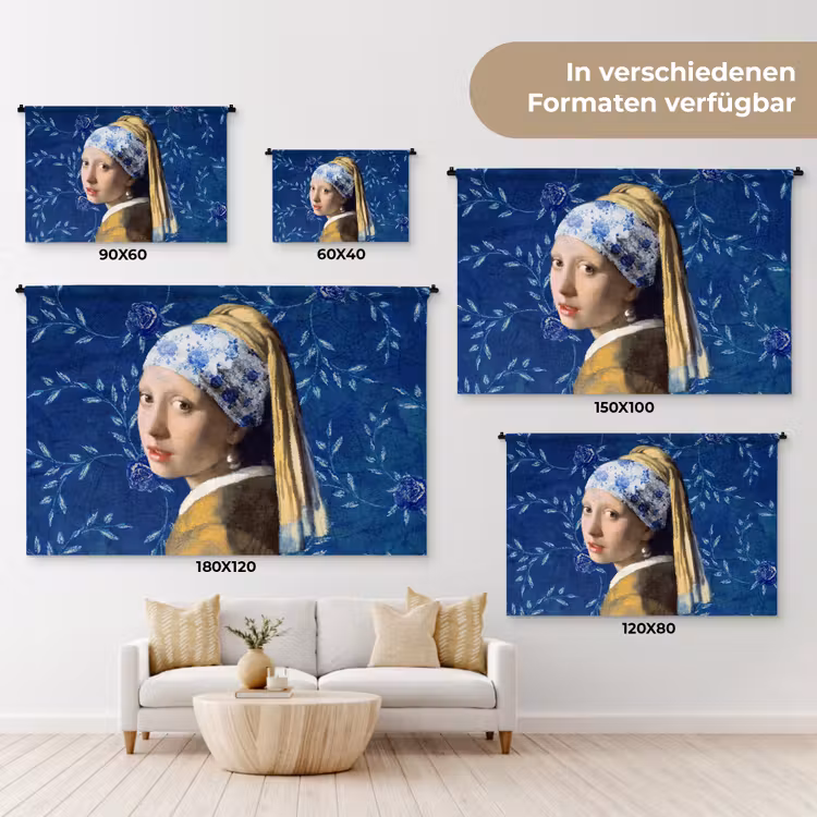 Meisje met de parel - Delfts blauw - Vermeer - Bloemen - Schilderij - Oude meesters Wandkleed katoen klein -tsfeer8_DE