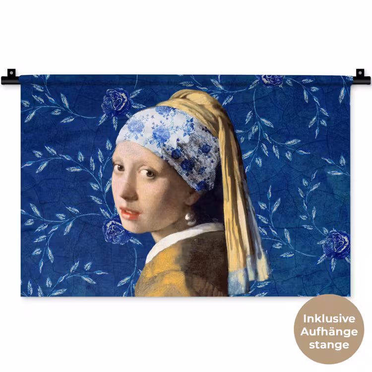 Meisje met de parel - Delfts blauw - Vermeer - Bloemen - Schilderij - Oude meesters Wandkleed katoen klein -t3d_DE