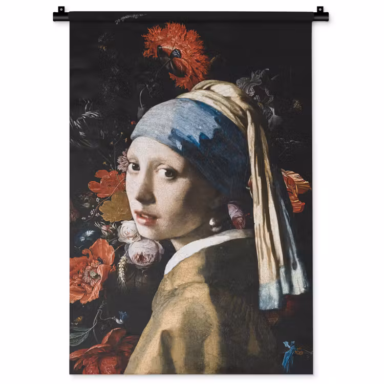 Meisje met de parel - Johannes Vermeer - Bloemen - Rood Wandkleed katoen klein -zz3d