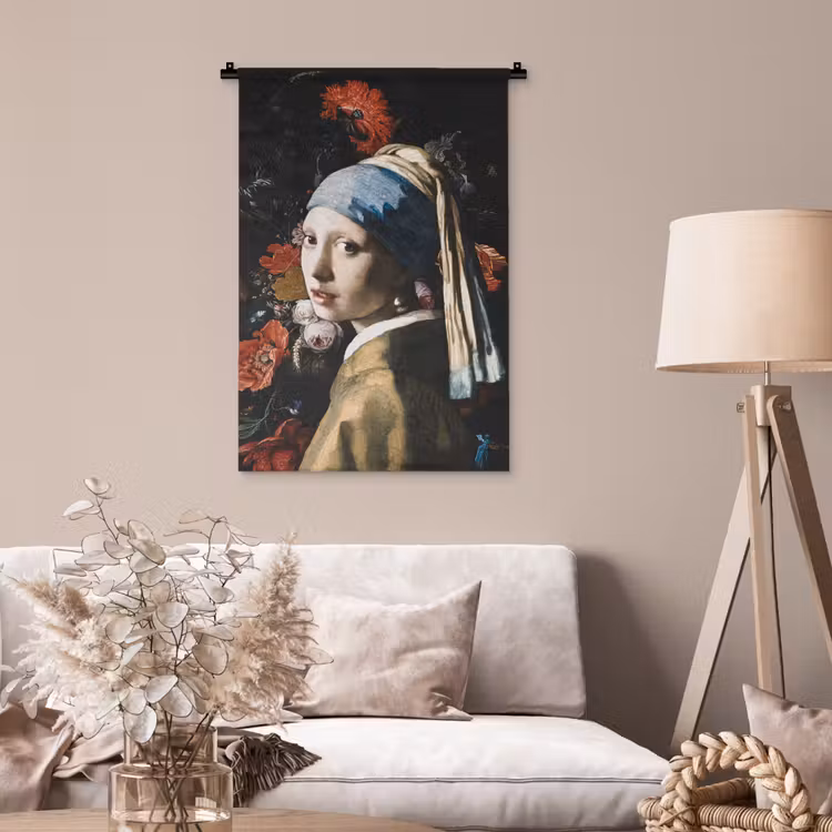 Meisje met de parel - Johannes Vermeer - Bloemen - Rood Wandkleed katoen klein -sfeer4