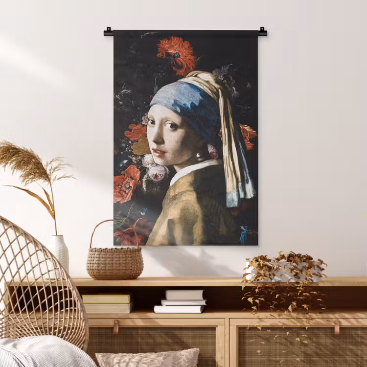 Meisje met de parel - Johannes Vermeer - Bloemen - Rood Wandkleed katoen klein -sfeer5