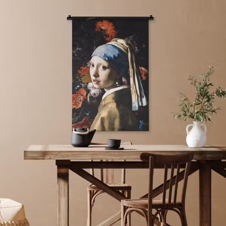 Meisje met de parel - Johannes Vermeer - Bloemen - Rood Wandkleed katoen klein -sfeer6
