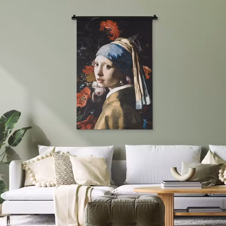 Meisje met de parel - Johannes Vermeer - Bloemen - Rood Wandkleed katoen klein -sfeer7
