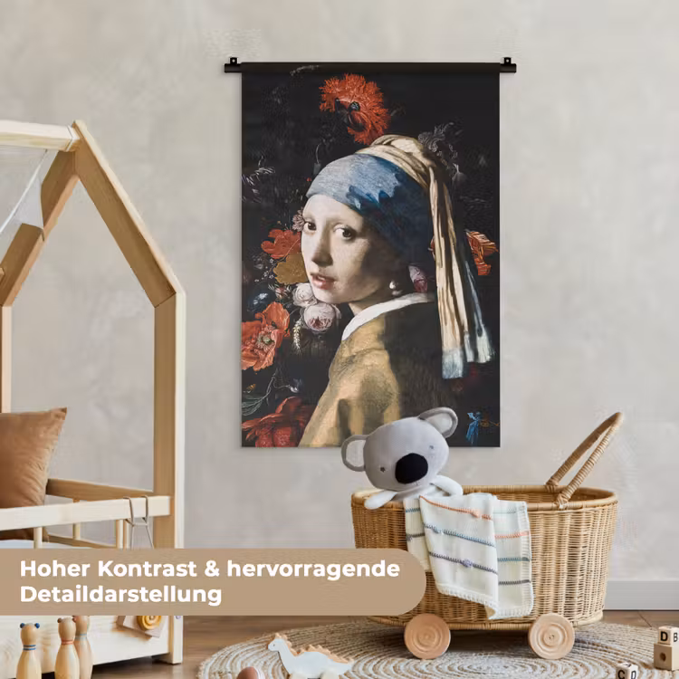 Meisje met de parel - Johannes Vermeer - Bloemen - Rood Wandkleed katoen klein -xsfeer1_kind_DE