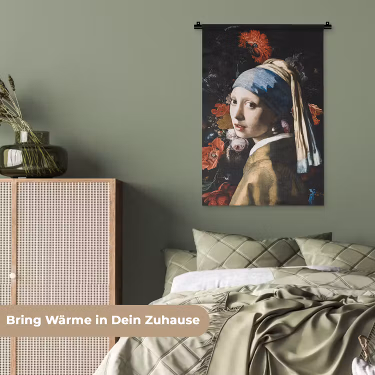 Meisje met de parel - Johannes Vermeer - Bloemen - Rood Wandkleed katoen klein -tsfeer3_DE