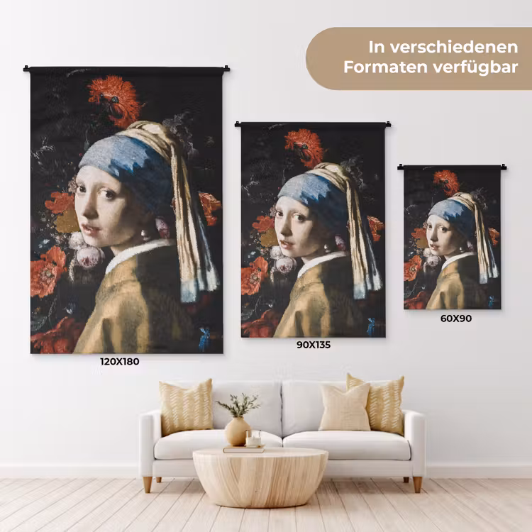 Meisje met de parel - Johannes Vermeer - Bloemen - Rood Wandkleed katoen klein -tsfeer8_DE