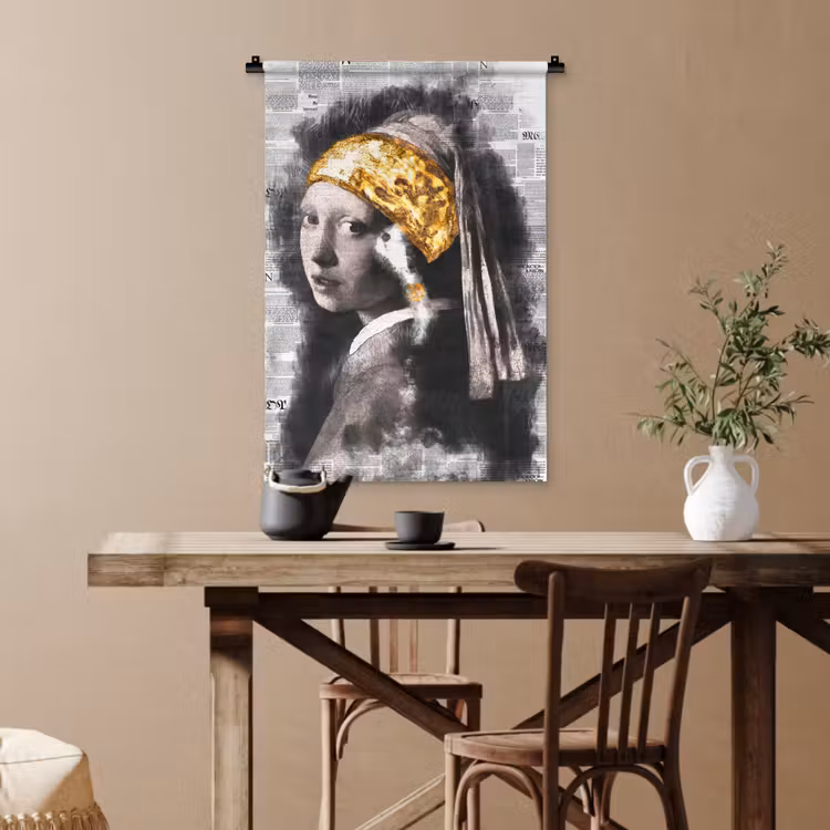 Meisje met de parel - Johannes Vermeer - Krant - Goud Wandkleed katoen klein -sfeer6