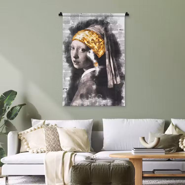 Meisje met de parel - Johannes Vermeer - Krant - Goud Wandkleed katoen klein -sfeer7