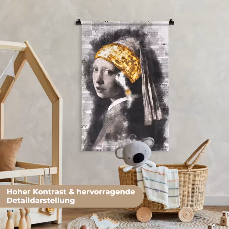 Meisje met de parel - Johannes Vermeer - Krant - Goud Wandkleed katoen klein -xsfeer1_kind_DE