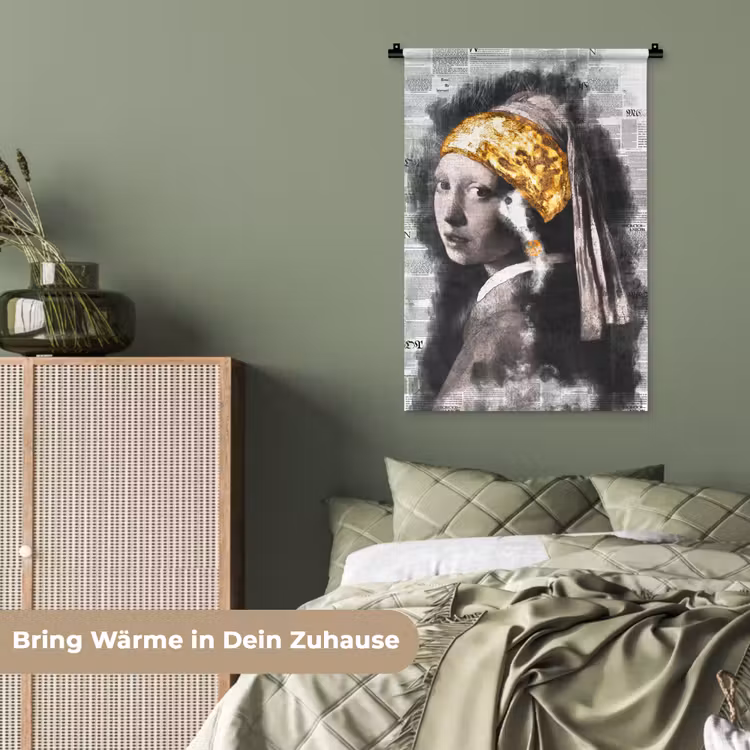Meisje met de parel - Johannes Vermeer - Krant - Goud Wandkleed katoen klein -tsfeer3_DE