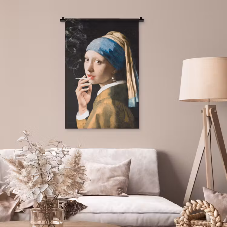 Meisje met de parel - Johannes Vermeer - Sigaretten Wandkleed katoen klein -sfeer4