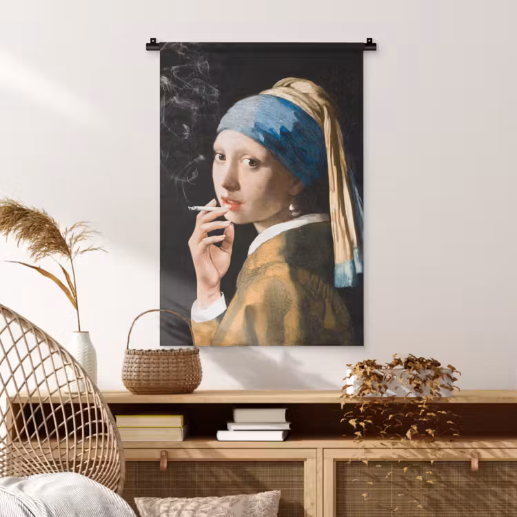 Meisje met de parel - Johannes Vermeer - Sigaretten Wandkleed katoen klein -sfeer5