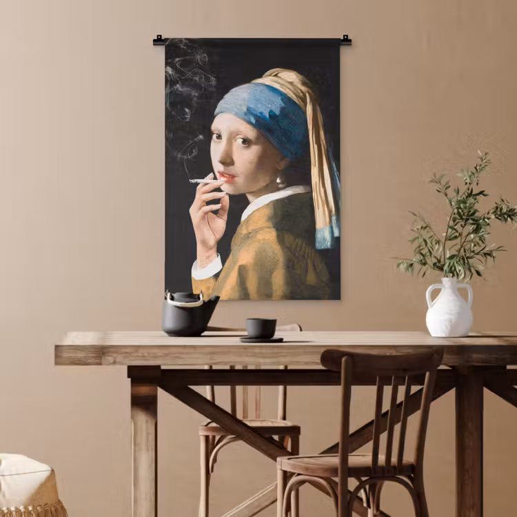 Meisje met de parel - Johannes Vermeer - Sigaretten Wandkleed katoen klein -sfeer6