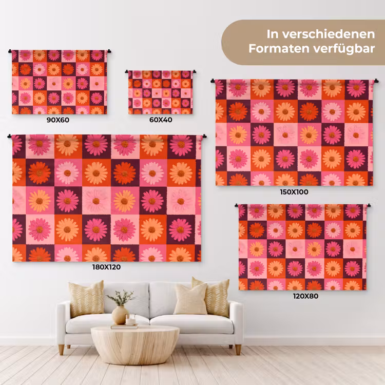 Madeliefjes - Dambord - Retro - Roze - Oranje Wandkleed katoen klein 269 -tsfeer8_DE