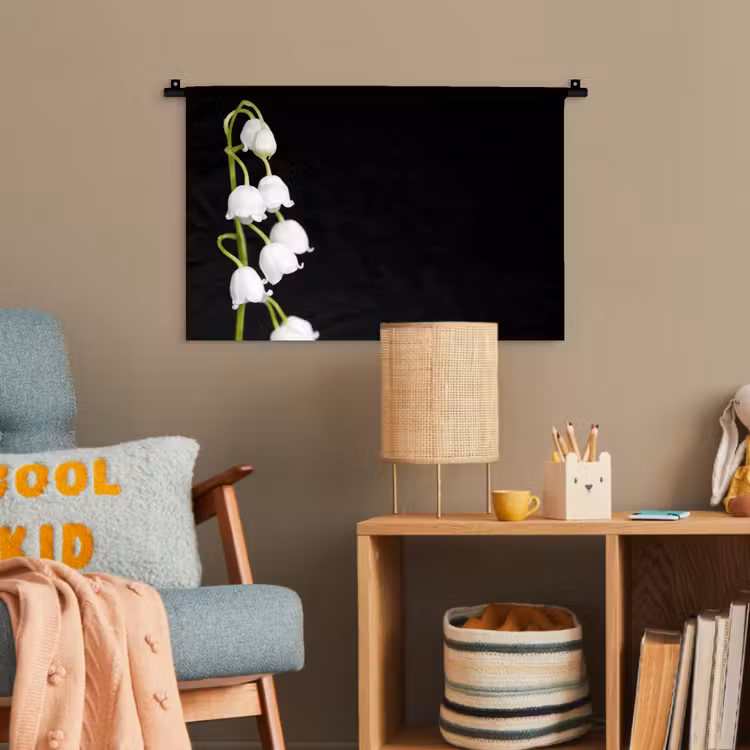 Lelietjes van dalen - Bloemen - Zwart - Flora Wandkleed katoen klein -wsfeer4_kind