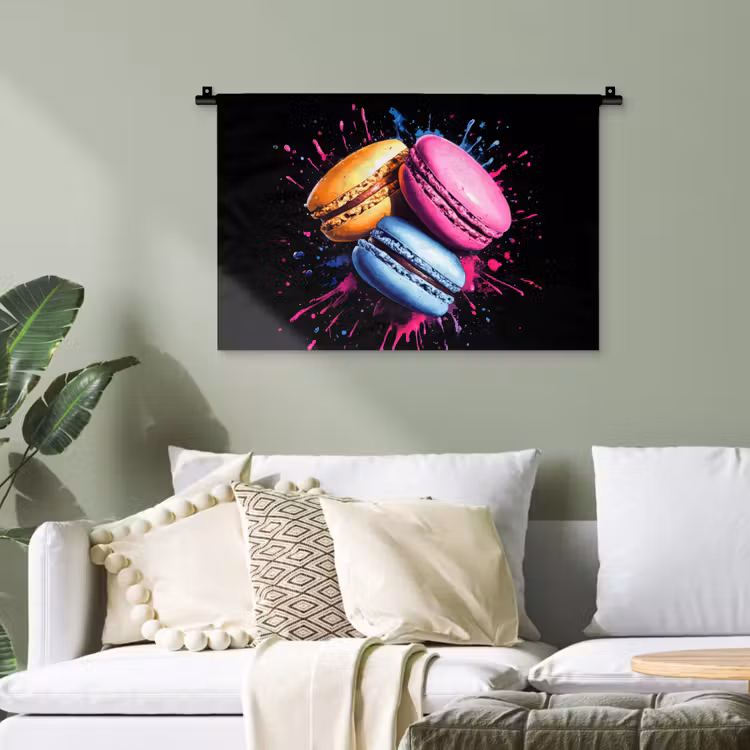 Macarons - Dessert - Graffiti - Kleurrijk - Roze - Blauw - Geel Wandkleed katoen klein -sfeer7