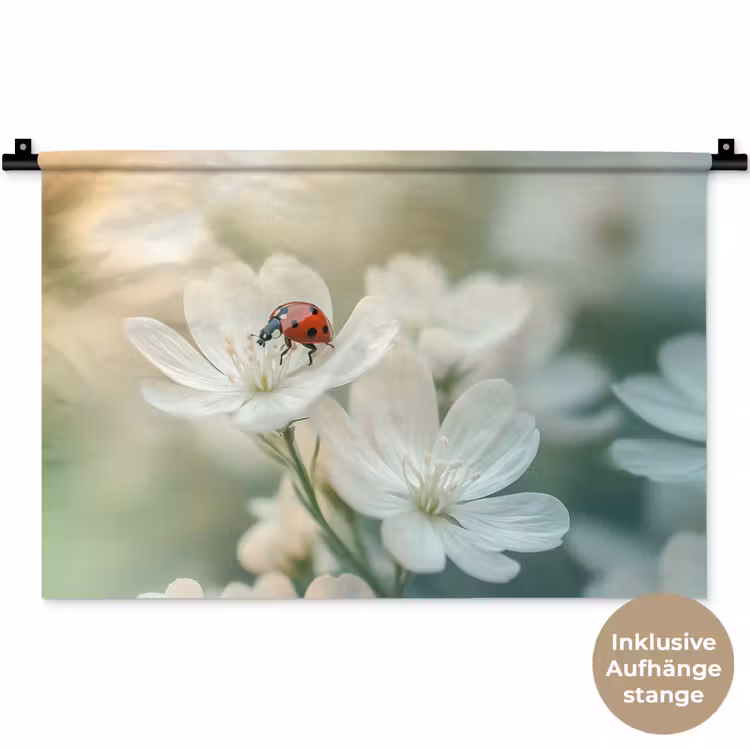 Lieveheersbeestje - Bloemen - Wit Wandkleed katoen klein -t3d_DE
