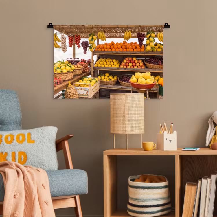 Wandteppich - Marktstand – Obst – Frisch - Marktkraam - Fruit - Vers Wandkleed katoen klein