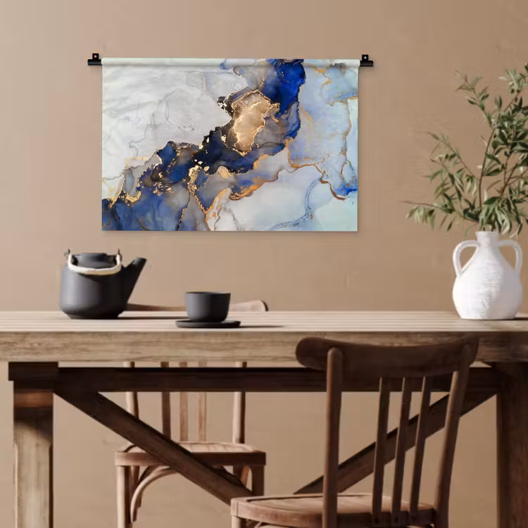 Marmer - Blauw - Goud Wandkleed katoen klein -sfeer6