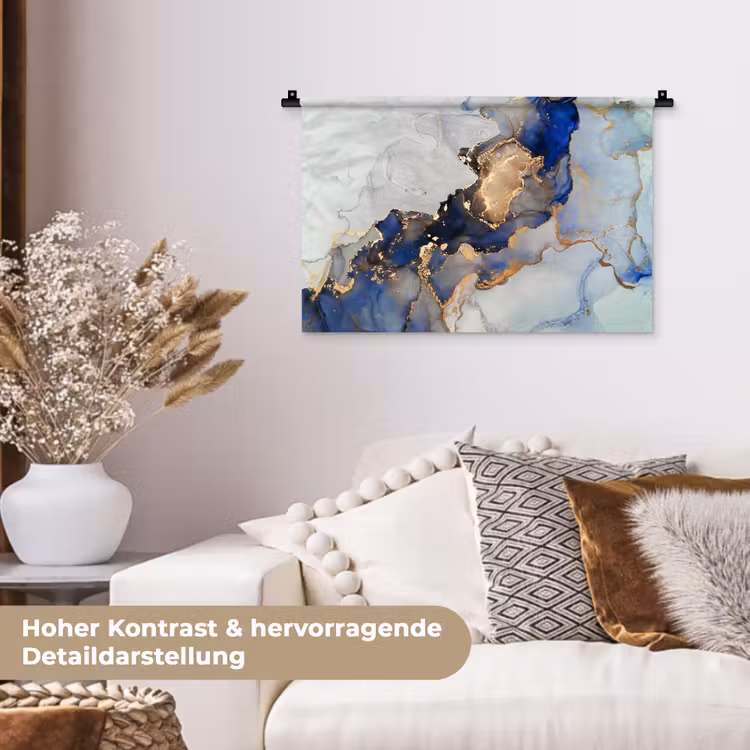 Marmer - Blauw - Goud Wandkleed katoen klein -tsfeer1_DE