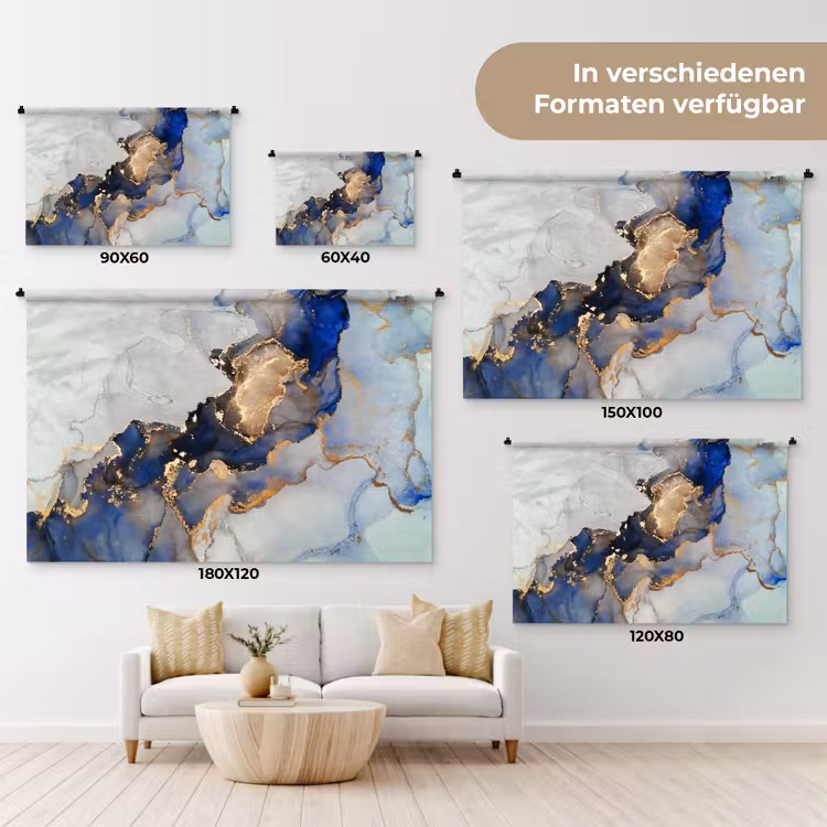 Marmer - Blauw - Goud Wandkleed katoen klein -tsfeer8_DE