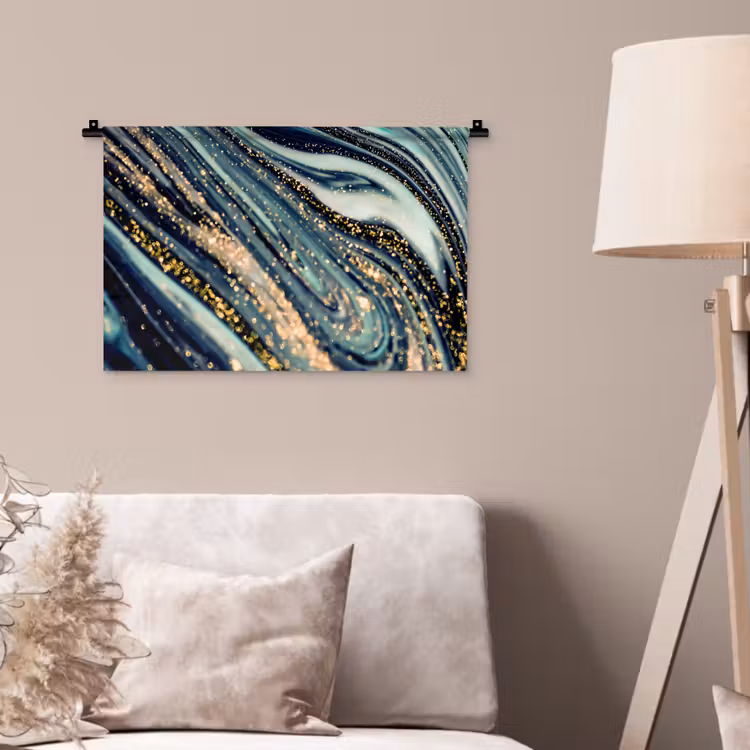 Marmer - Goud - Blauw - Glitter - Marmerlook - Abstract Wandkleed katoen klein -sfeer4
